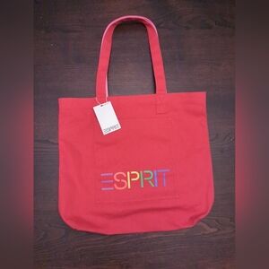 New ESPRIT Hot Pink Canvas Logo Tote Rainbow spellout